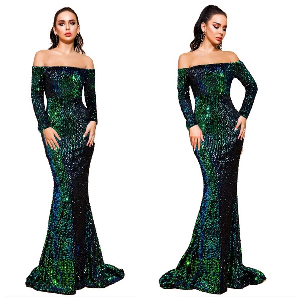 Glamorous Off Shoulder Iridescent Sequin Fishtail  Bodycon Dress Gown